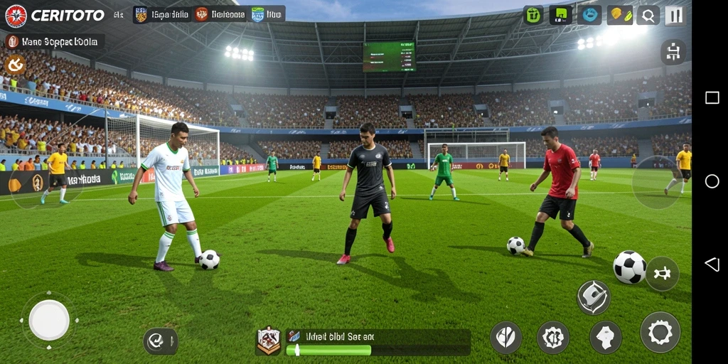 Screenshot utama CERITOTO menunjukkan aksi seru di lapangan sepak bola.