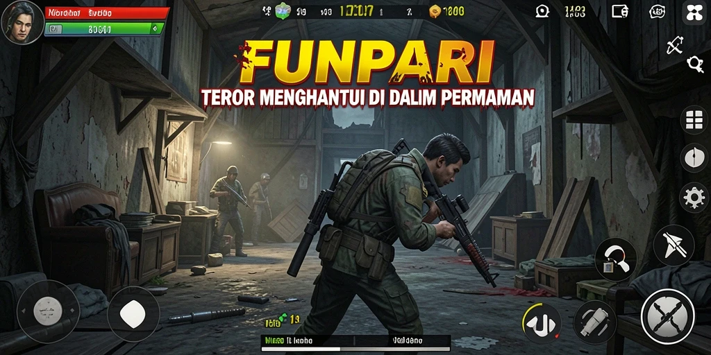 Screenshot gameplay FUNPARI menampilkan suasana horor yang mencekam.