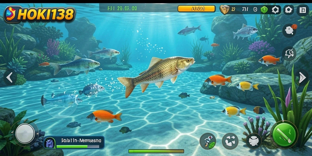 Tampilan gameplay HOKI138 menampilkan keseruan saat menangkap ikan di berbagai lokasi.