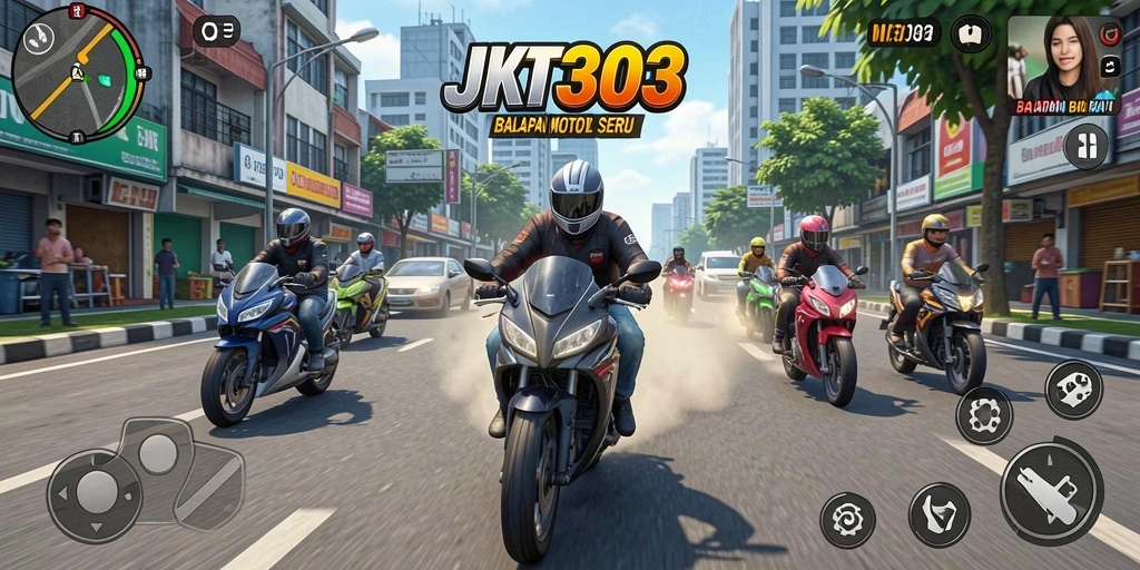 Tampilan menarik dari gameplay JKT303 dengan balapan motor yang seru.