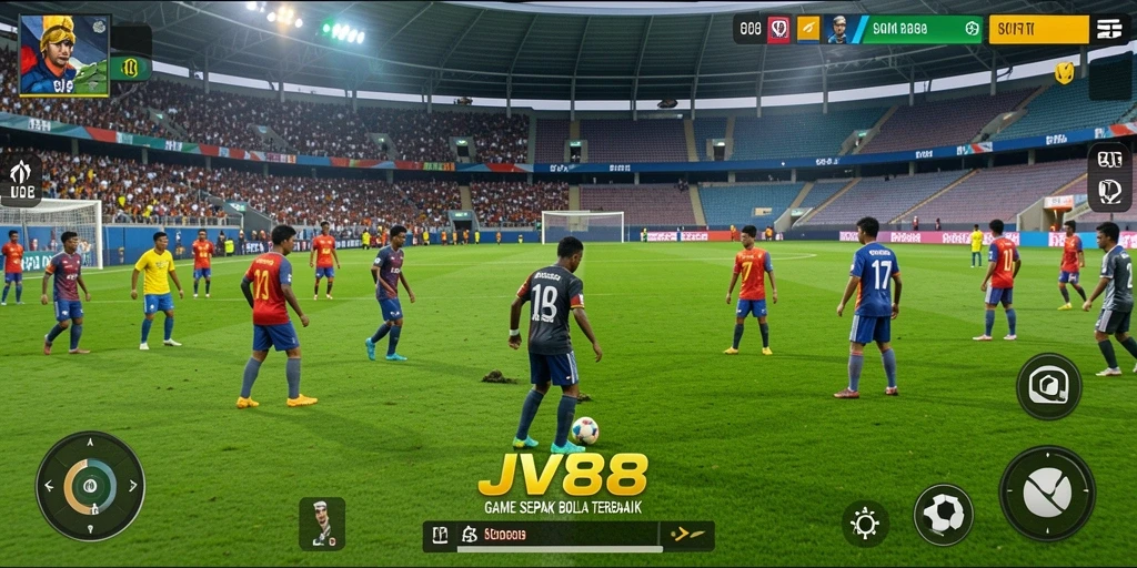 Screenshot utama JV88 menunjukkan pertandingan sepak bola yang intens.