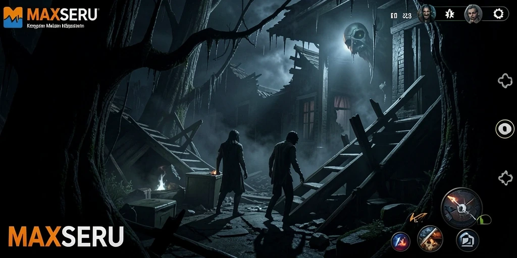 Tampilan gameplay MAXSERU yang penuh kegelapan dan ketegangan.