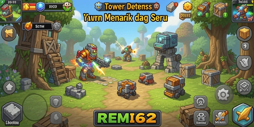 Tangkapan layar utama REMI62 menampilkan pertarungan menara Tower Defense yang mendebarkan.