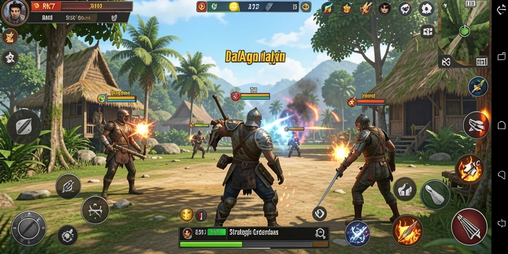 Screenshot gameplay RK77 menunjukkan pertempuran strategi yang mendebarkan.